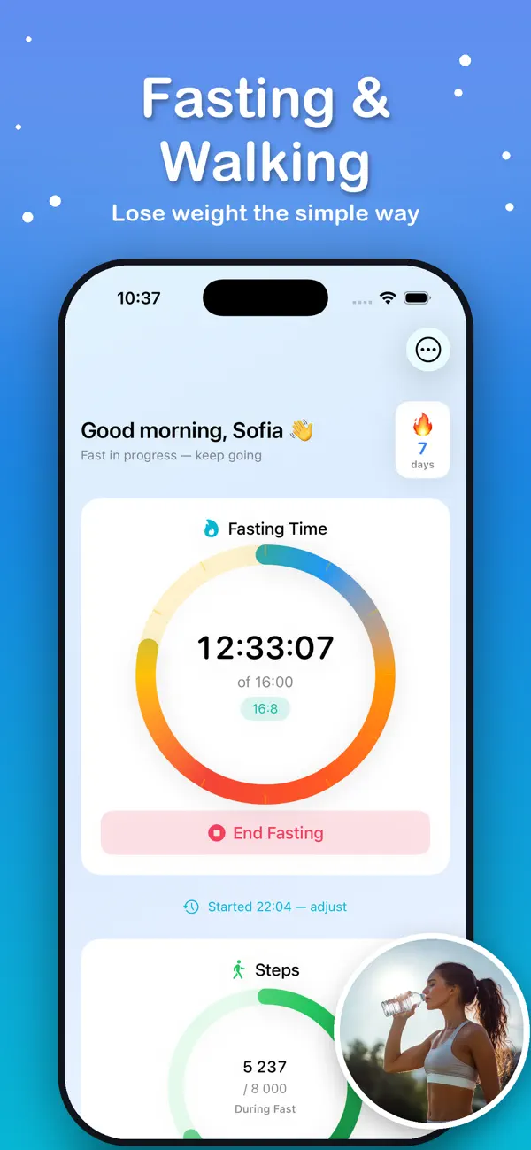 Fasting and Walking main screen showing the fasting timer and daily steps