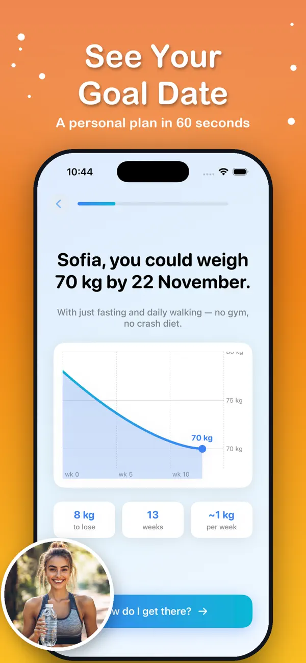 Fasting and Walking goal date screen